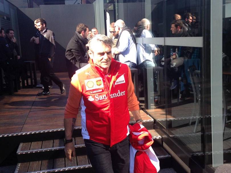 Il team principal Ferrari Maurizio Arrivabene esce dalla riunione tenutasi al Motorhome della Mercedes